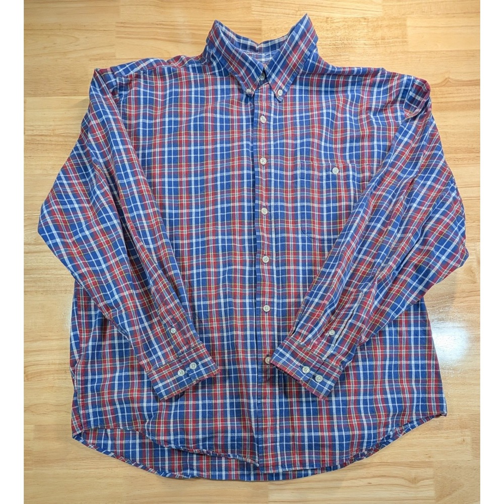 Eddie Bauer Mens XL Plaid Button Down Shirt Blue Red White Cotton Long Sleeve